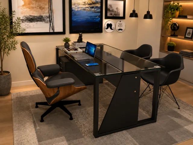 Mesa de Escritório. Em Madeira Maciça, square trapeze executive. Luxo. Com Vidro Temperado