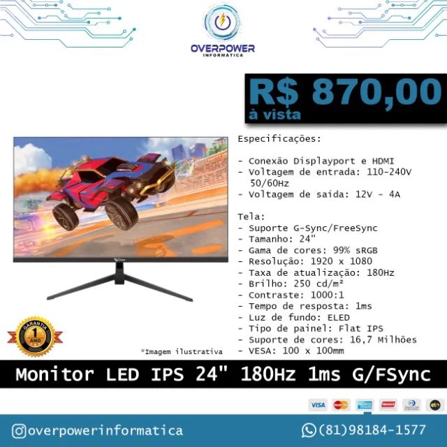 Monitor gamer 24" Tela Flat IPS 180hz 1ms