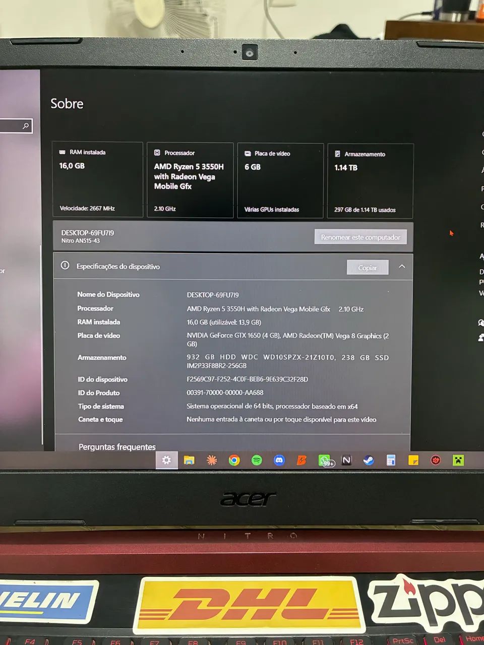 NOTEBOOK ACER NITRO 5 GTX 1650 Ryzen 5 3550H 16 RAM  - Foto 5