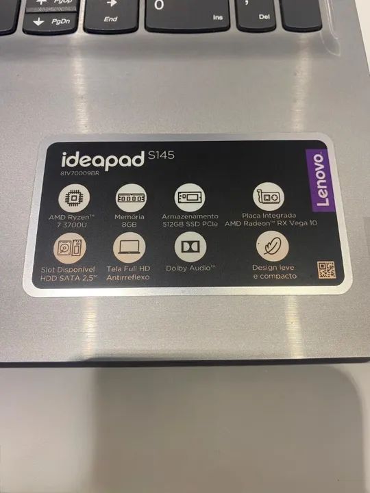 Notebook Lenovo Ideapad S145 - Ryzen 7 3700U - 8Gb - SSD 512 - Placa AMD Radeon RX Vega 10 - Foto 2