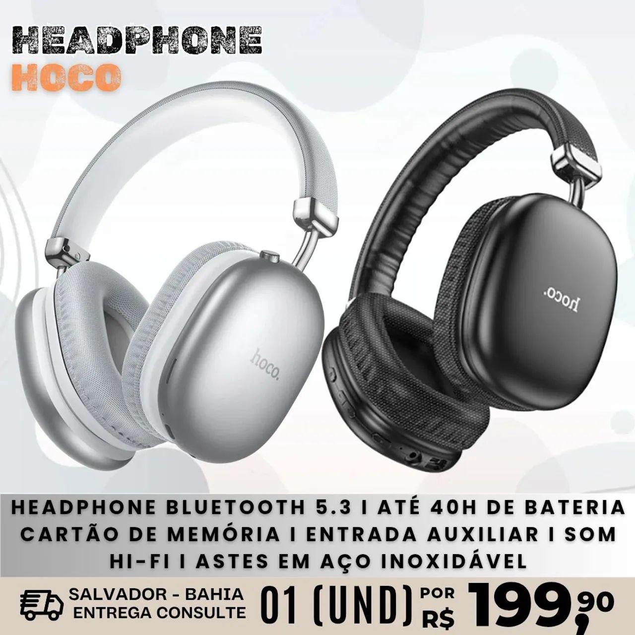 Headphone Bluetooth 5.3 Hoco com 40h de Bateria
