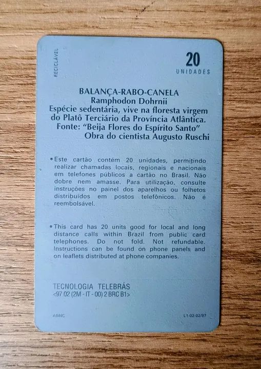 Cartão Telefônico Colecionável Balança-Rabo-Canela  - Foto 2
