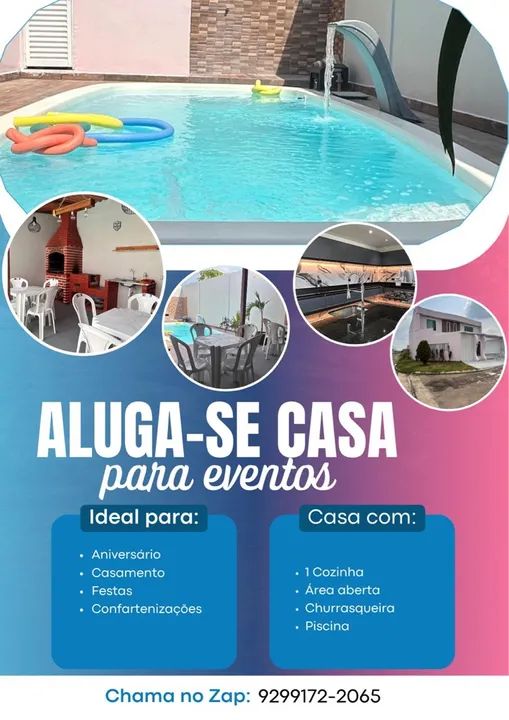Casa para eventos com piscina e Churrasqueira. 