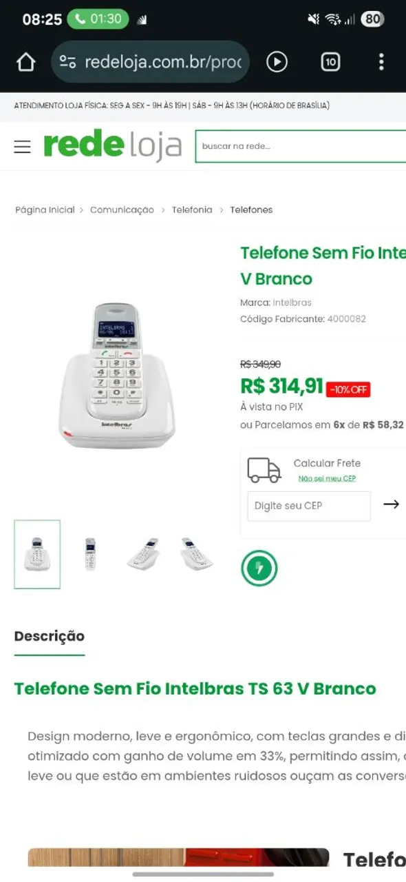 Telefone Sem Fio Intelbras TS 63 V Branco