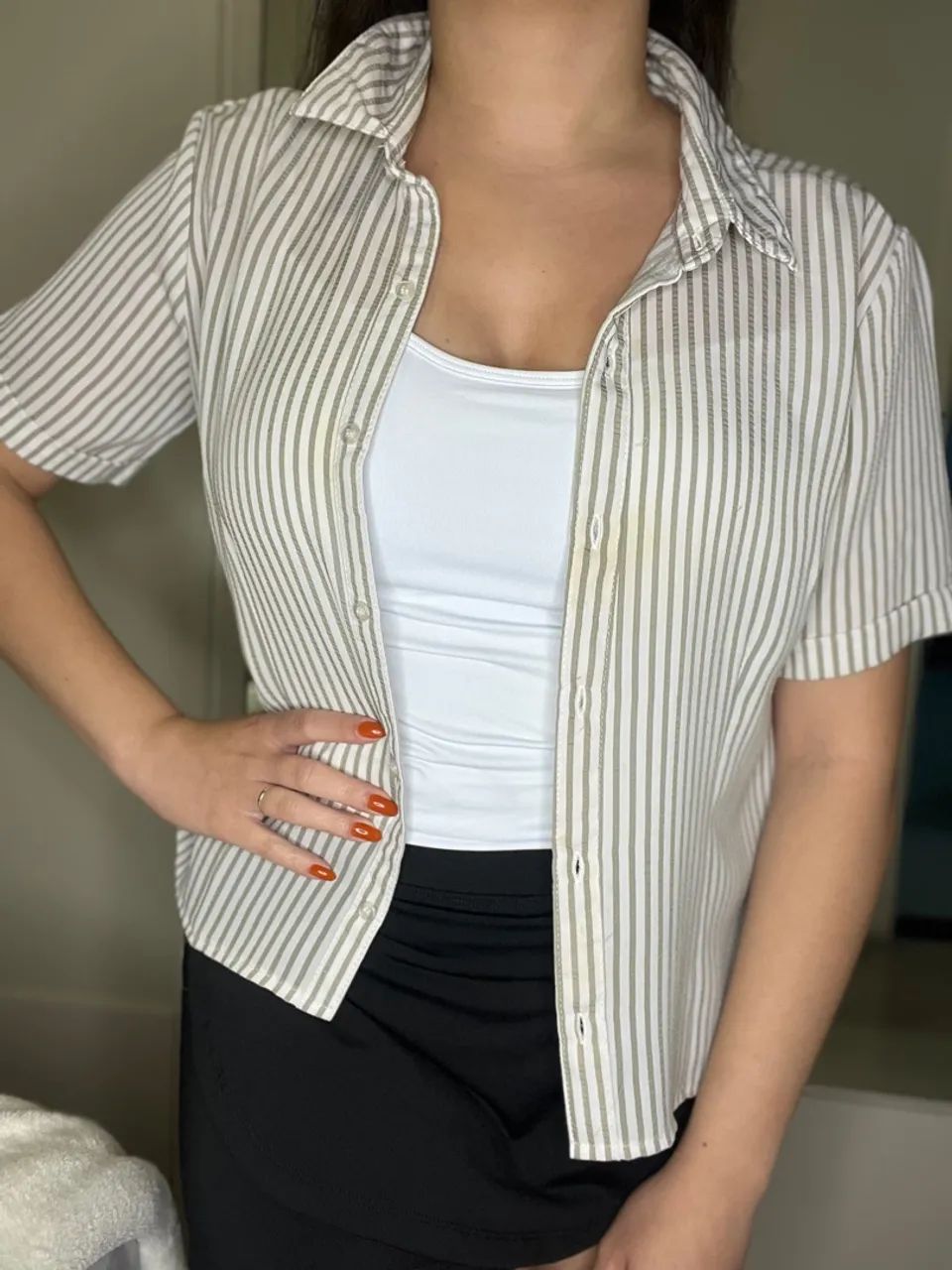 Camisa listrada feminina Bege com Branco P