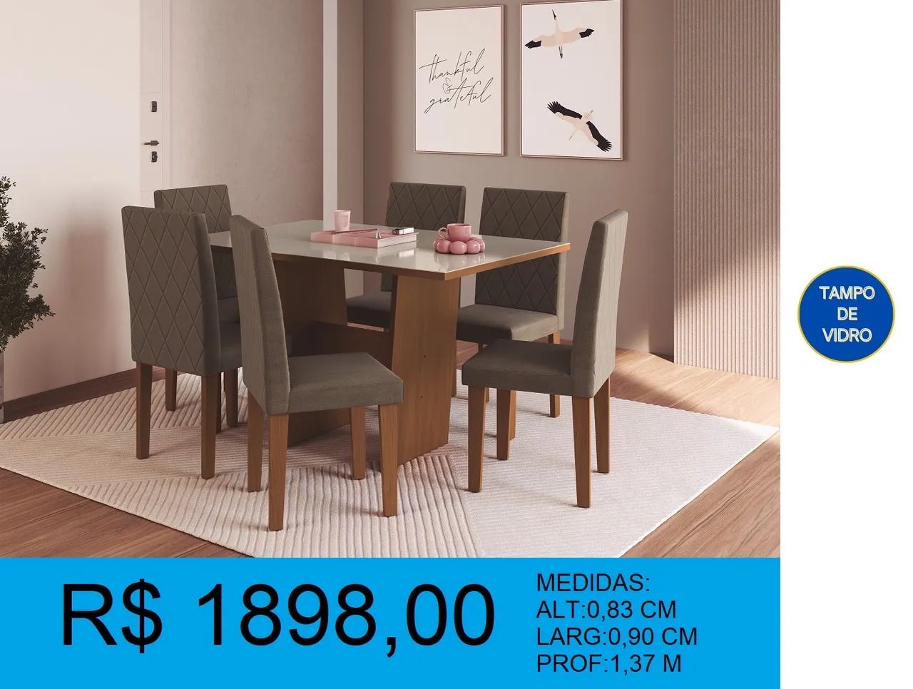Conjunto Mesa de Jantar com 6 Cadeiras - Tampo de Vidro