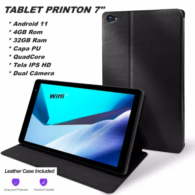Tablet 7p 4Gb/32Gb+SD 64Gb Android 11 4Core Tela HD IPS Dual Câmera WiFi Capa PU