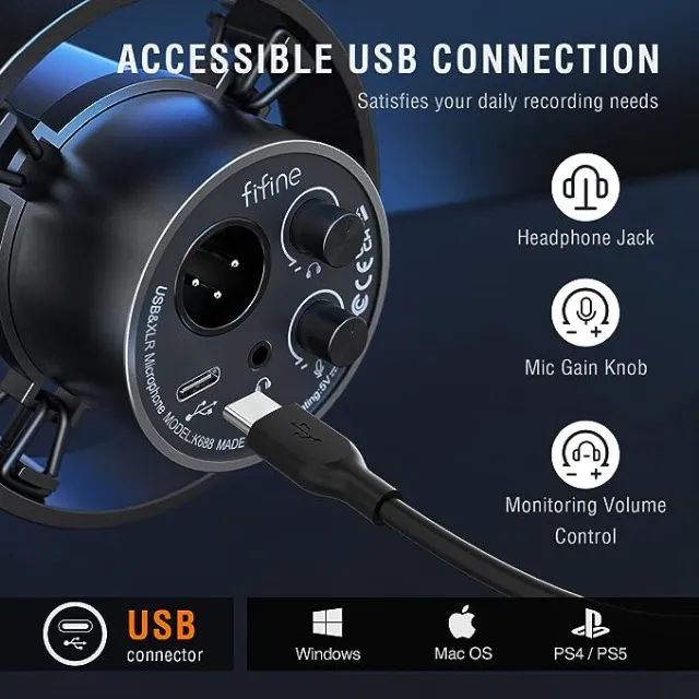 Microfone Fifine K688 para PC gravação podcast XLR/USB para streaming de voz, Novo - Foto 3