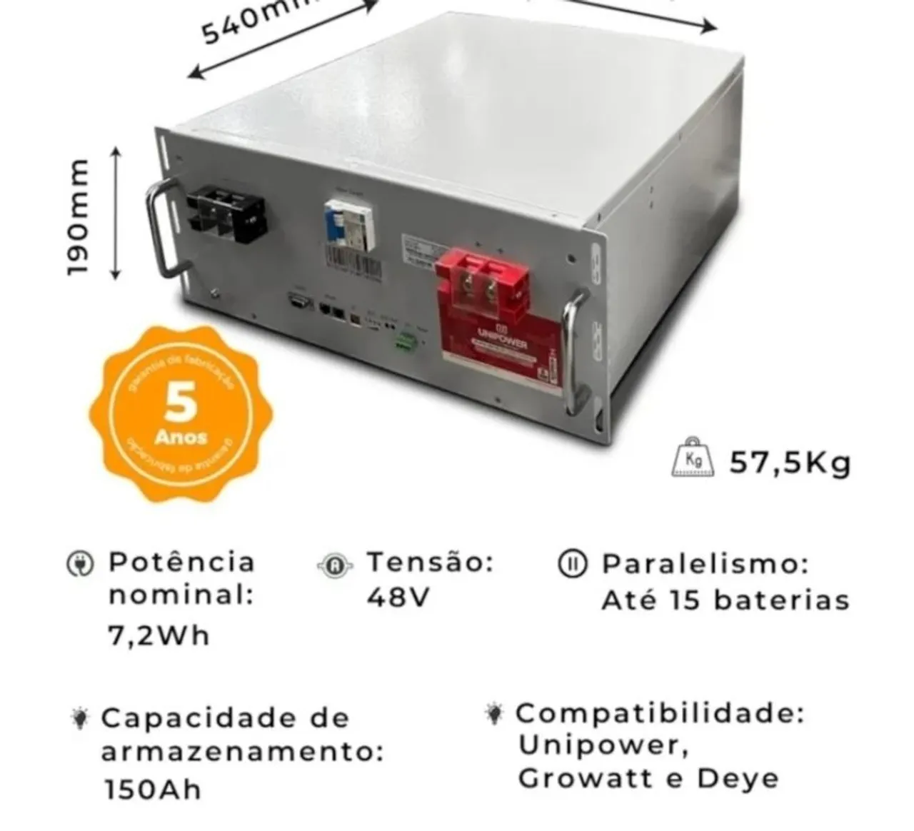 Bateria de Lítio para Energia Solar 7,2kWh - 150Ah - 48V