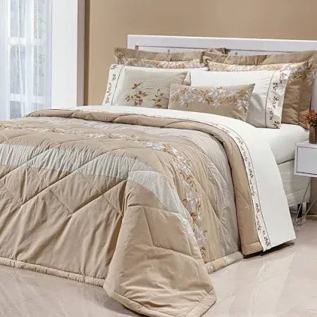 Jogo de Cama Bege Londres Bordado 4 peças 200 fios