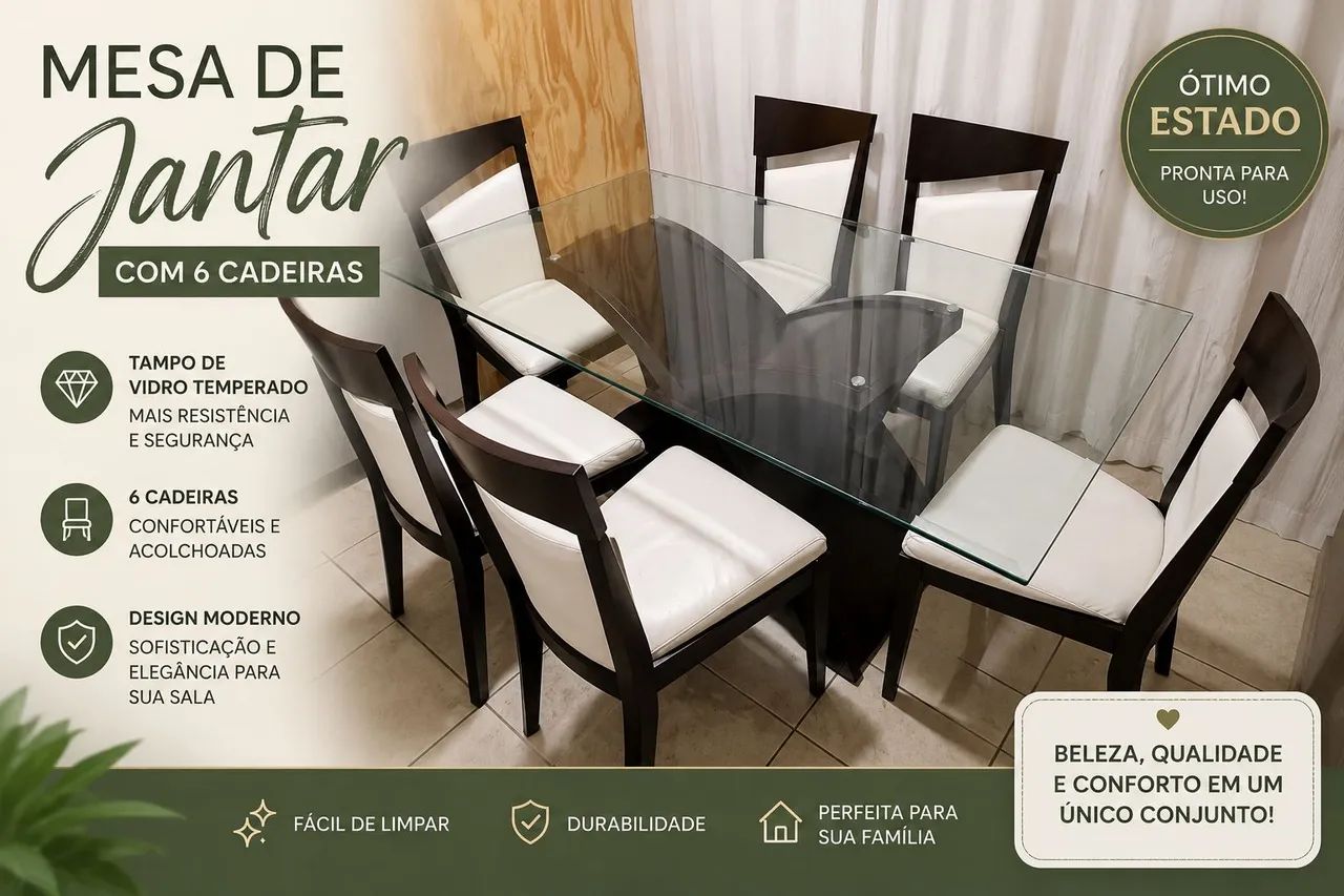 Mesa de jantar com 6 cadeiras em madeira maciça com tampo de vidro temperado 
