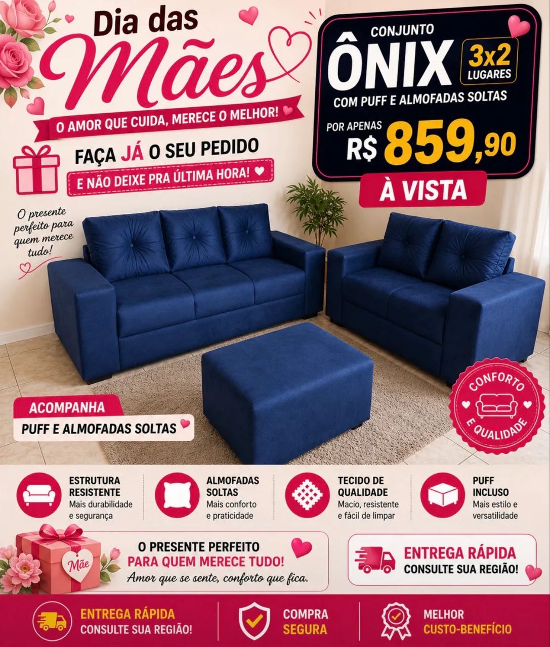 Conjunto 2x3 lugares com Puff / Direto da Fábrica 