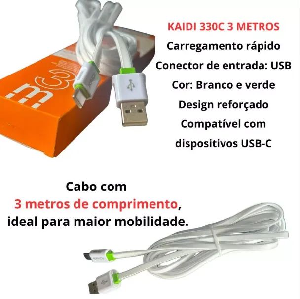 Cabo Carregador 3 Metros Tipo C Carga Android Kaidi Kd-330c - Foto 2