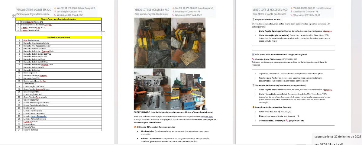 VENDA LOTE DE MATRIZES DE AÇO PARA PRODUÇÃO DE PEÇAS DE MOTOS E TOYOTA BANDEIRANTES