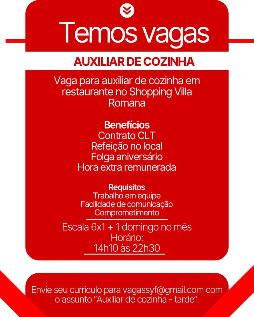 Vaga para Auxiliar de cozinha 