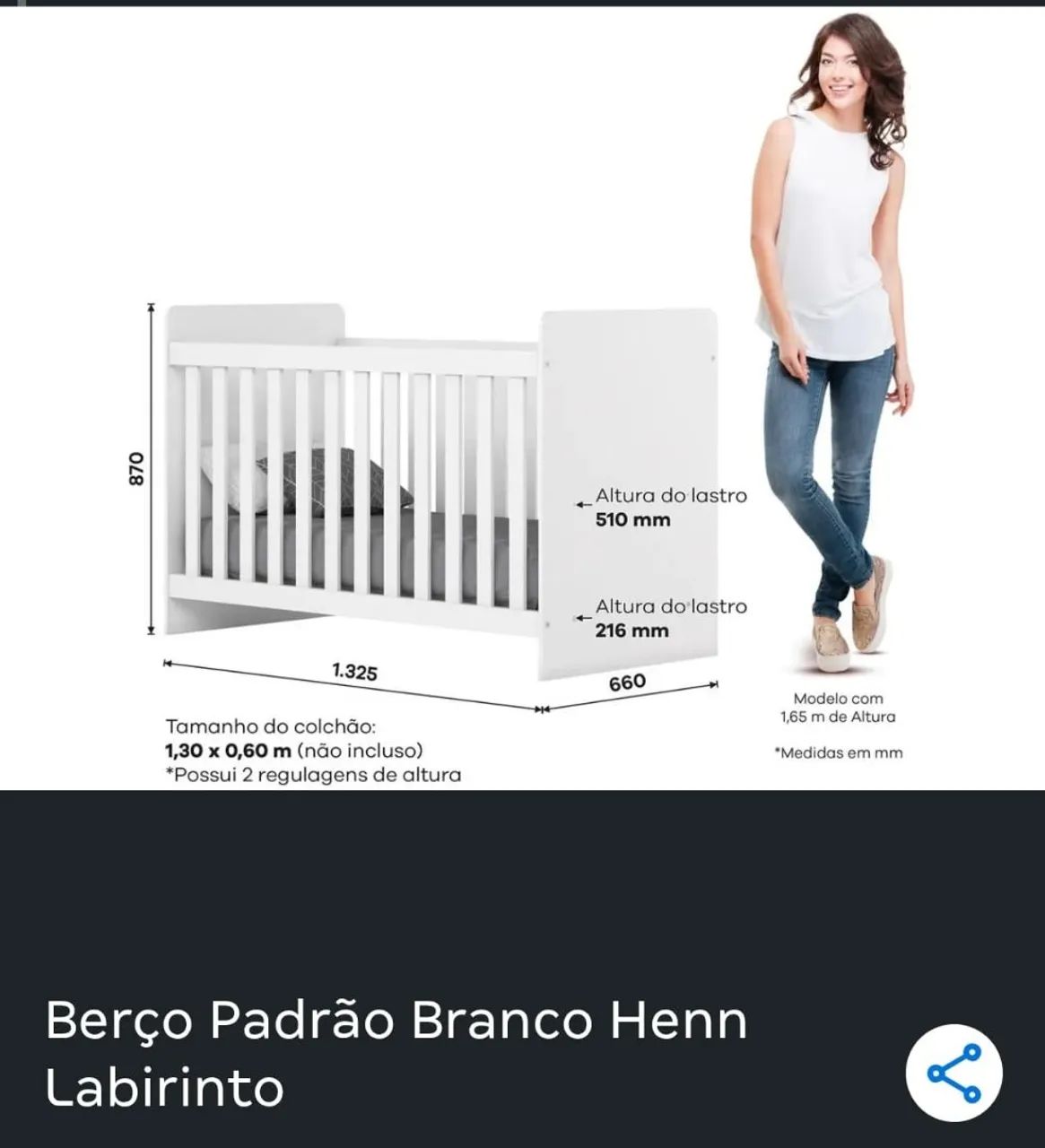 Berço com colchão e haste para mosquiteiro  - Foto 2