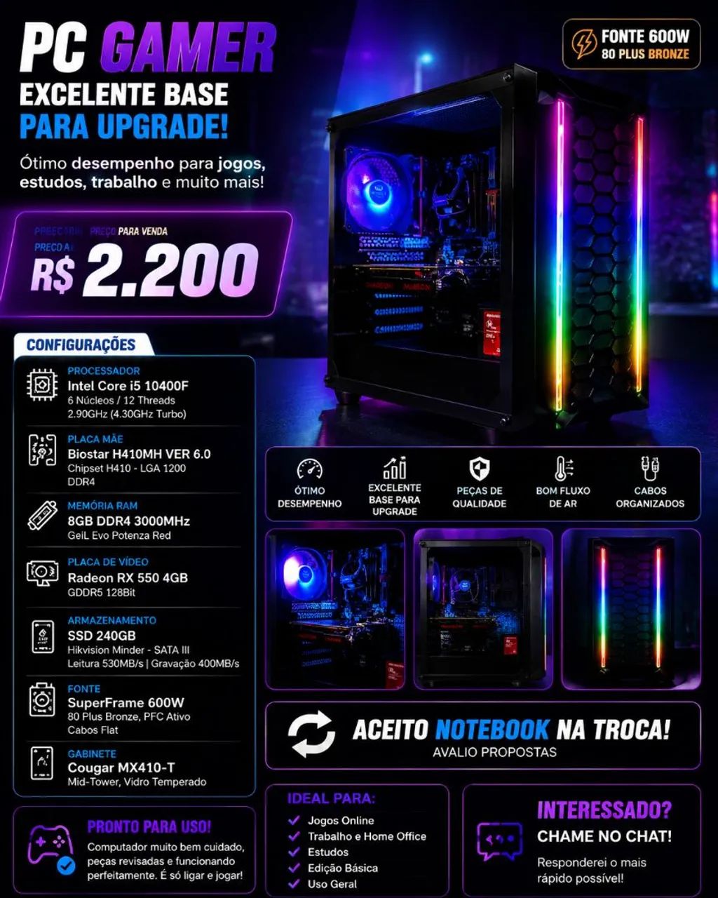 PC Gamer Completo i5 10400F + RX 550 | Aceito Troca por Notebook