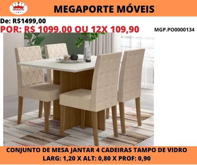 Conjunto de Mesa Helo Tampo de Vidro com 4 Cadeiras