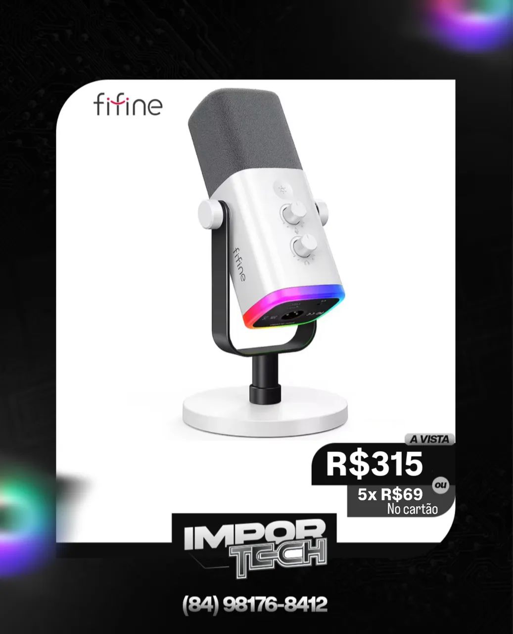 Microfone Fifine AM8 Dinâmico RGB para Streaming e Gravação. @importech_084