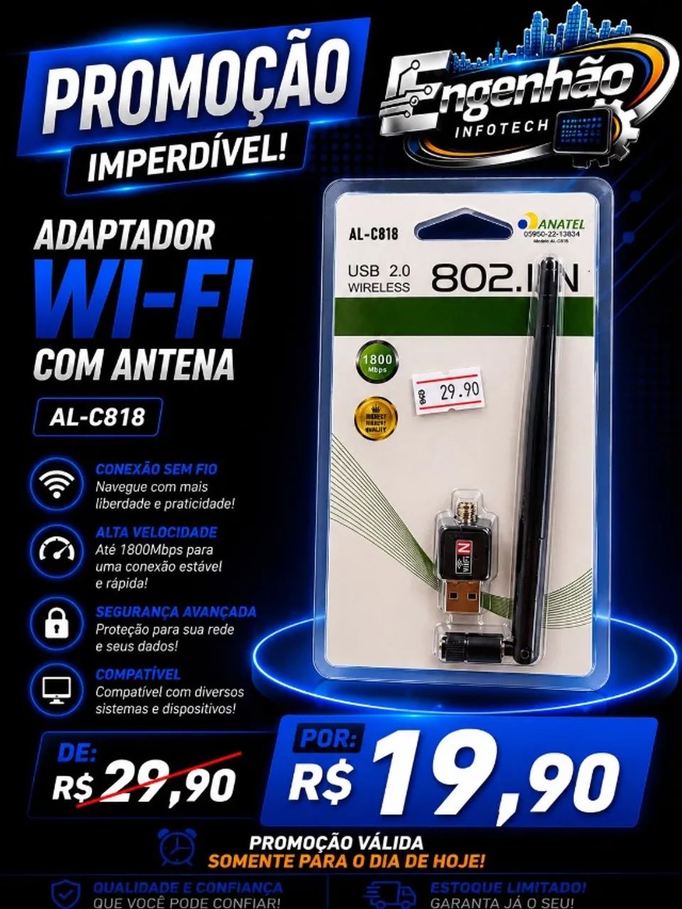 adaptador wifi com antena para computador notebook  - Foto 2