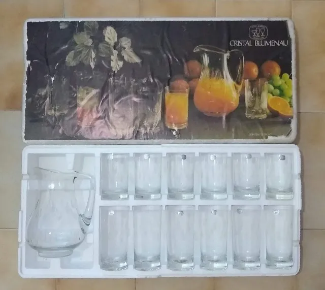 Jogo Copos e Jarra Cristal Pintado A - Antiguidades Frutal