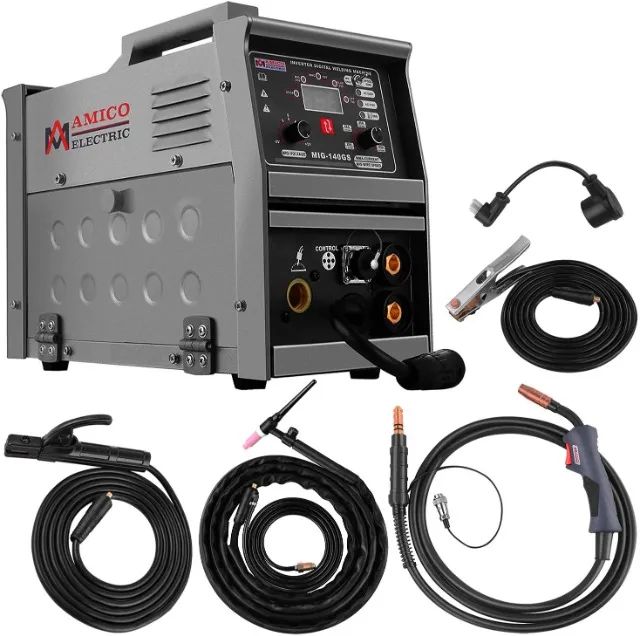 Máquina de Soldar 140GS 5x1+Capacete+Eletrodos+Protetor de dedo+Consumíveis+Arame+Compasso