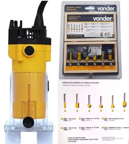 Kit com Tupia Laminadora de 6mm 500W 220v + Estojo Fresas Vonder 6 peças 6mm - Foto 3