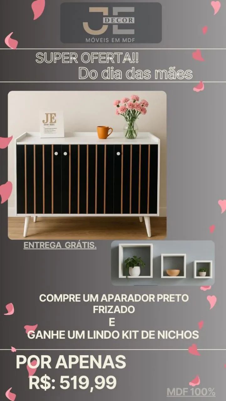 Aparador Preto Frizado  - Dia das Mães com nichos de brinde