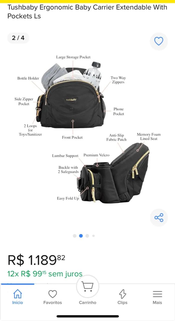 Canguru Ergonômico Tushbaby com Bolsos e Extensor