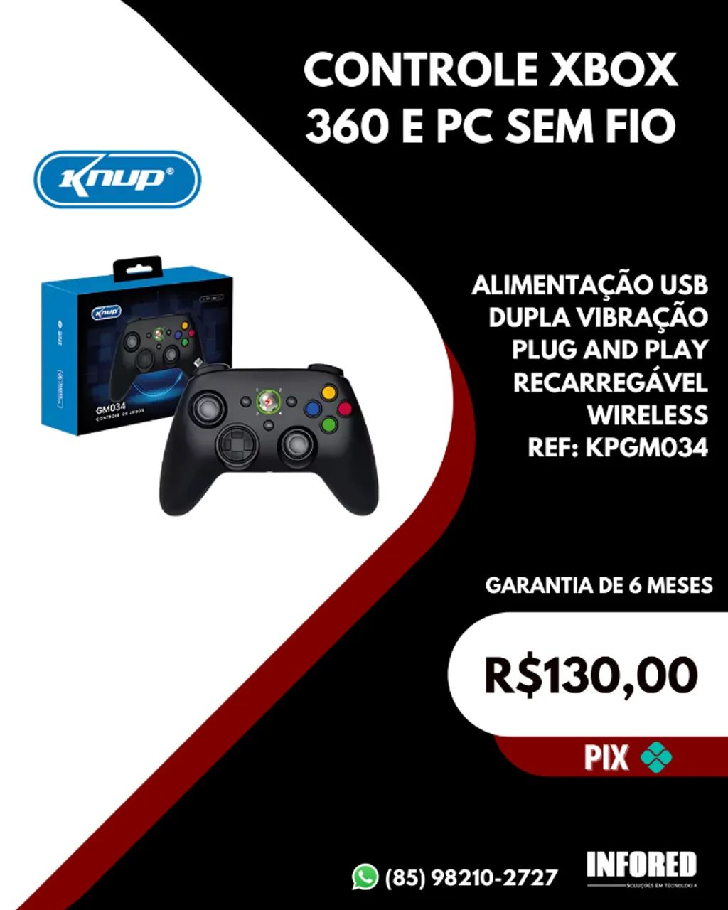 Controle Xbox 360 e PC sem fio Knup KPGM034