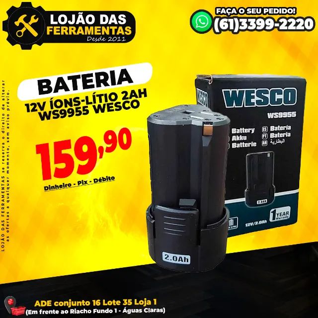 Bateria 12v Íons-Lítio 2Ah Para Parafusadeira Ws9955 Wesco