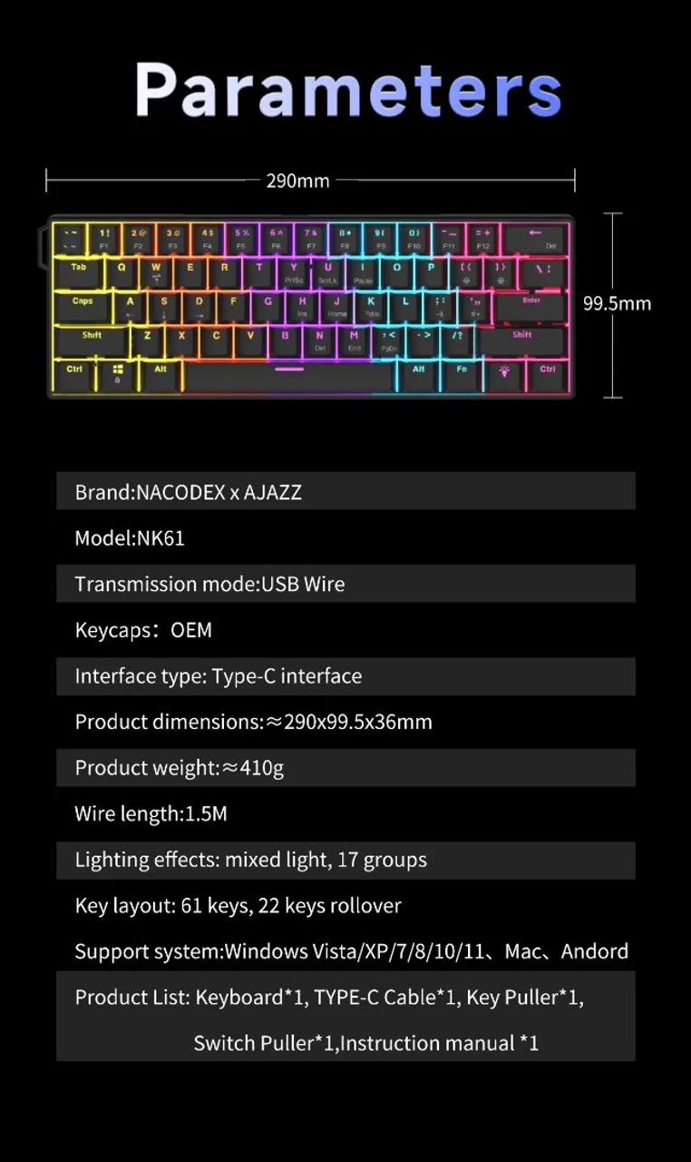 Teclado mecânico Ajazz NK61 RGB Switch Red - NOVO - Periféricos e