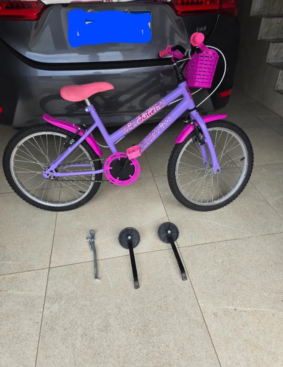 Bicicleta infantil feminina Aro 20 Jully com certinha e rodinha lateral violeta/rosa