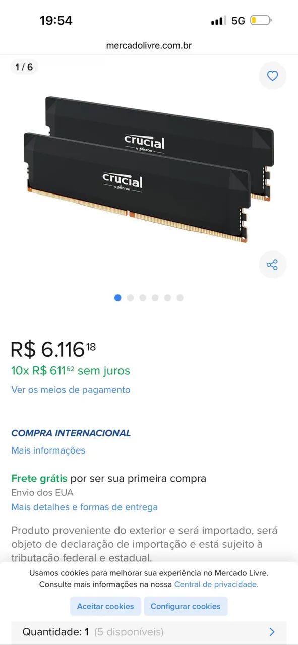 1x 48 GB Memória crucial pro DDR5 5600 hz memória top de linha 