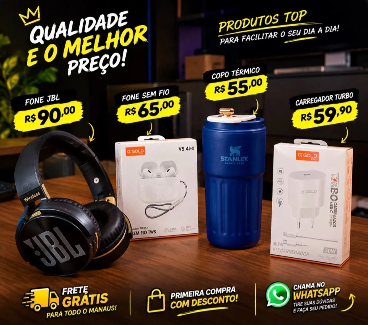 Fone de Ouvido, Carregador, Caixa de som