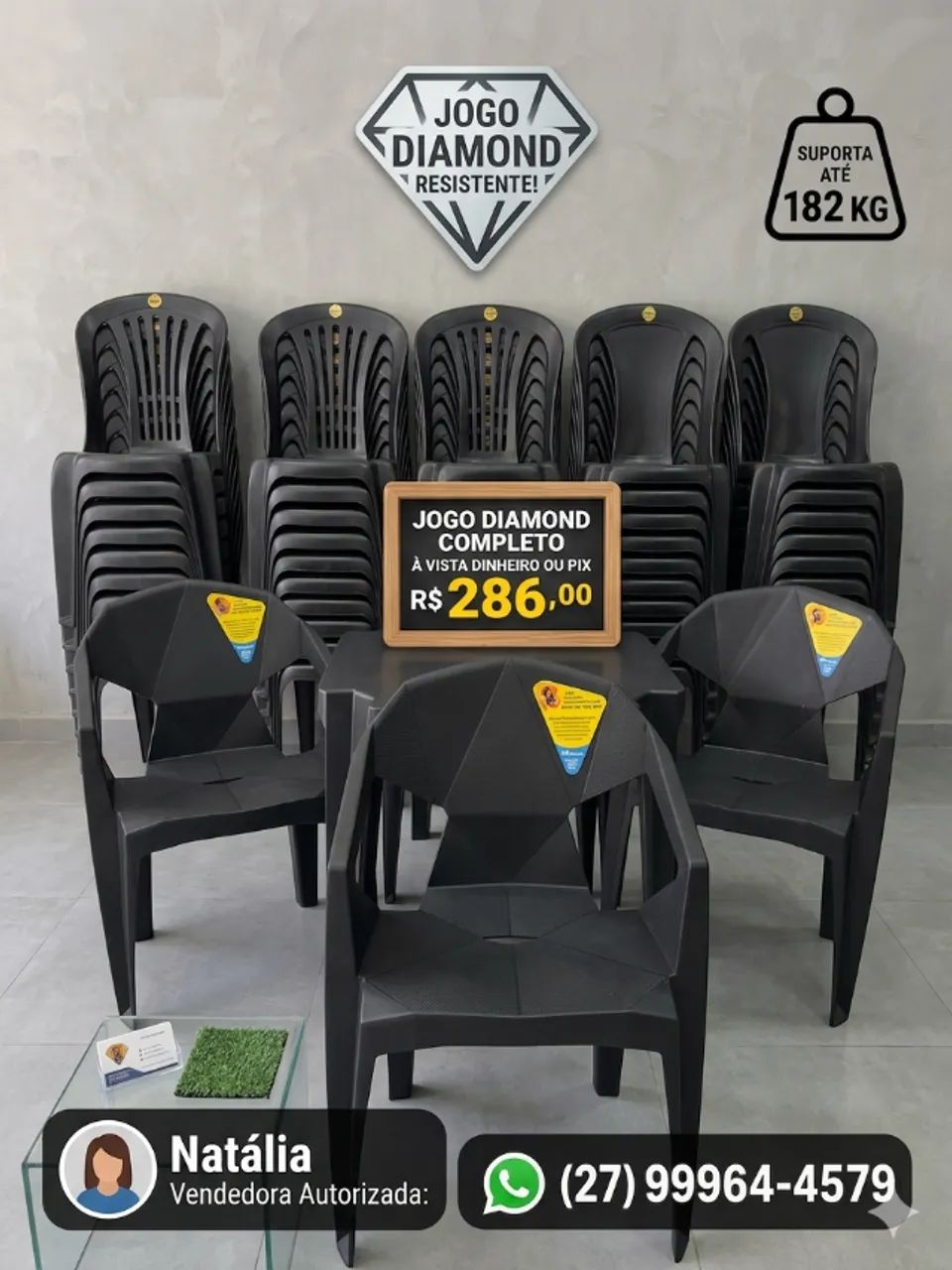 jogo plástico c/ cadeiras modelo poltrona diamante 182 kg