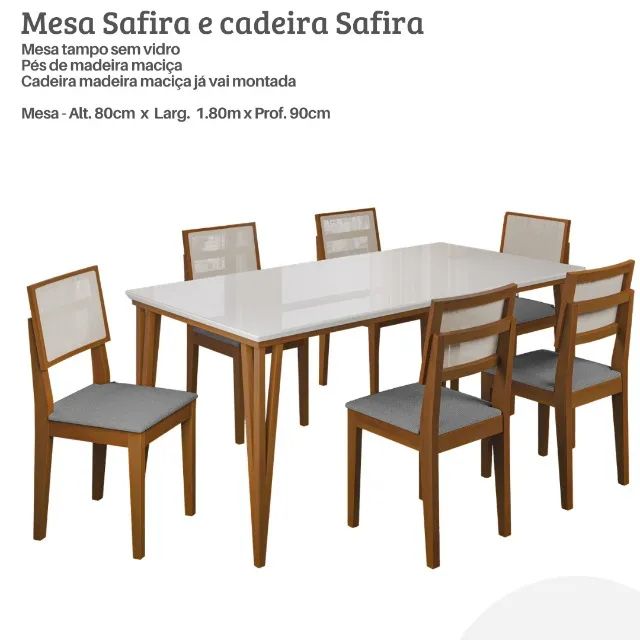 Mesa de Jantar com 6 cadeira, Madeira Maciça 1.80cm