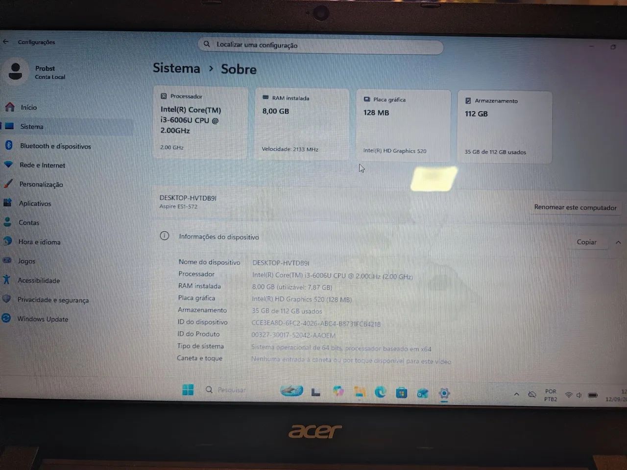 Notebook Acer i3 6a Geração 8gb 120ssd - Foto 2