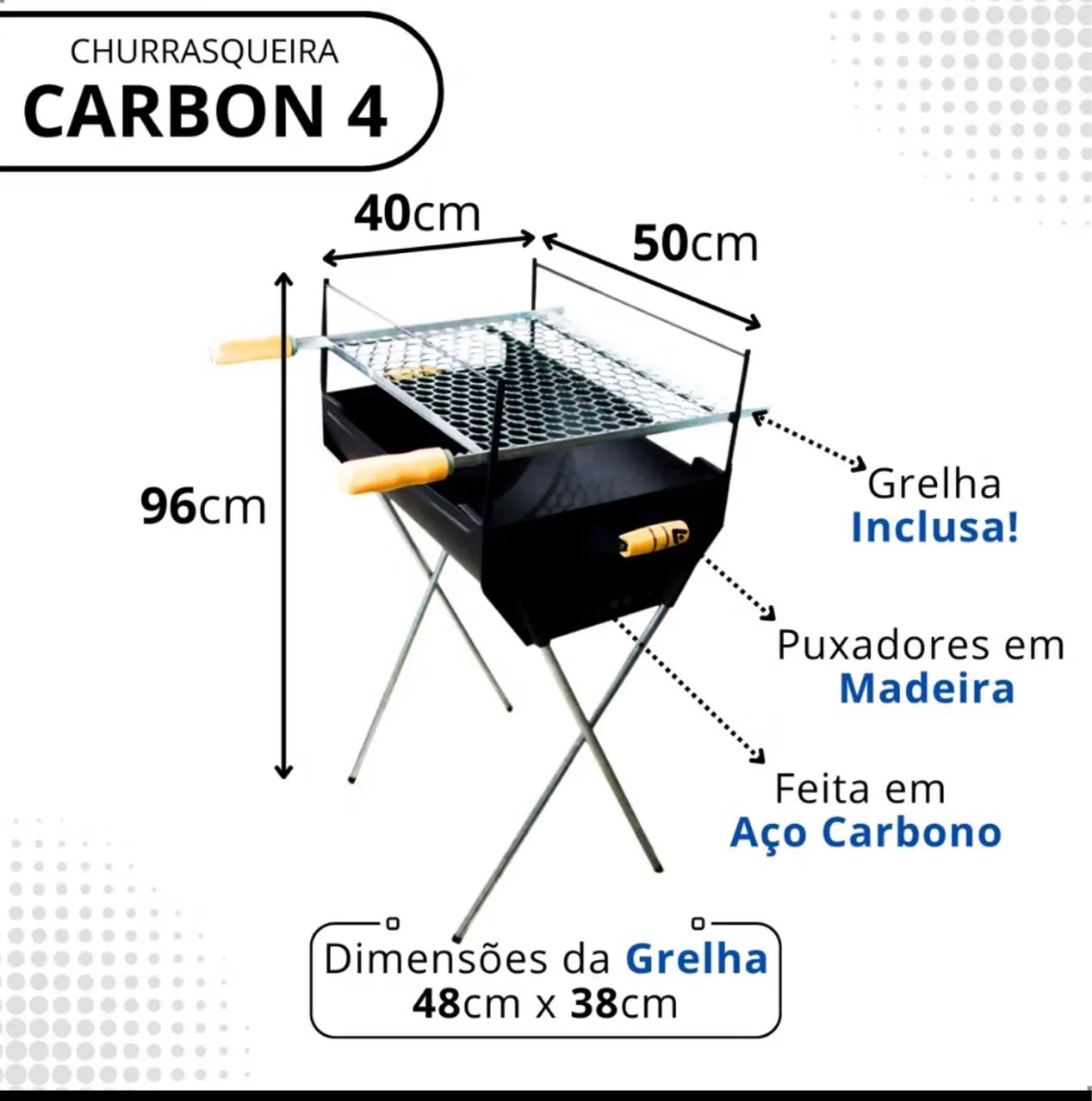 Churrasqueira de carvão grande em aço Carbono com grelha inclusa