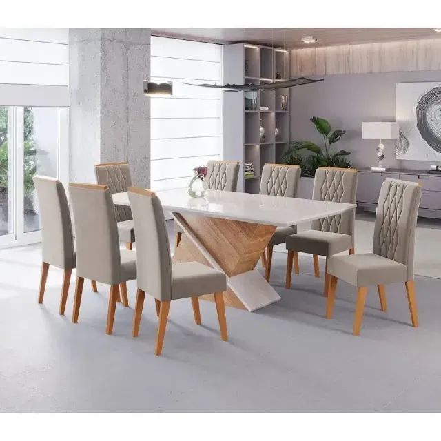 Mesa de Jantar com Tampo de Vidro Temperado e 8 Cadeiras