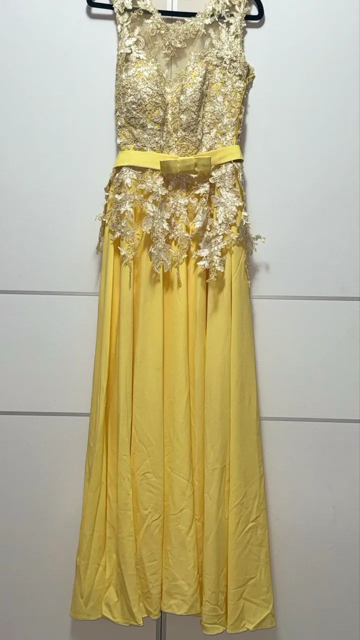 Vestido de festa longo amarelo - renda sofisticada 