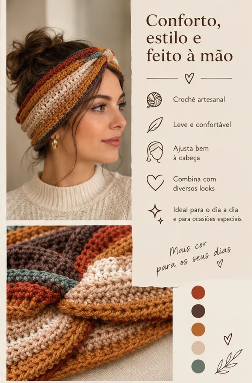Turbante de crochê listrado em tons terrosos - Foto 3