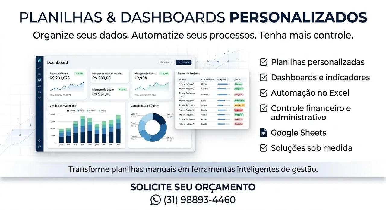 Planilhas Personalizadas e Dashboards em Excel | Automação