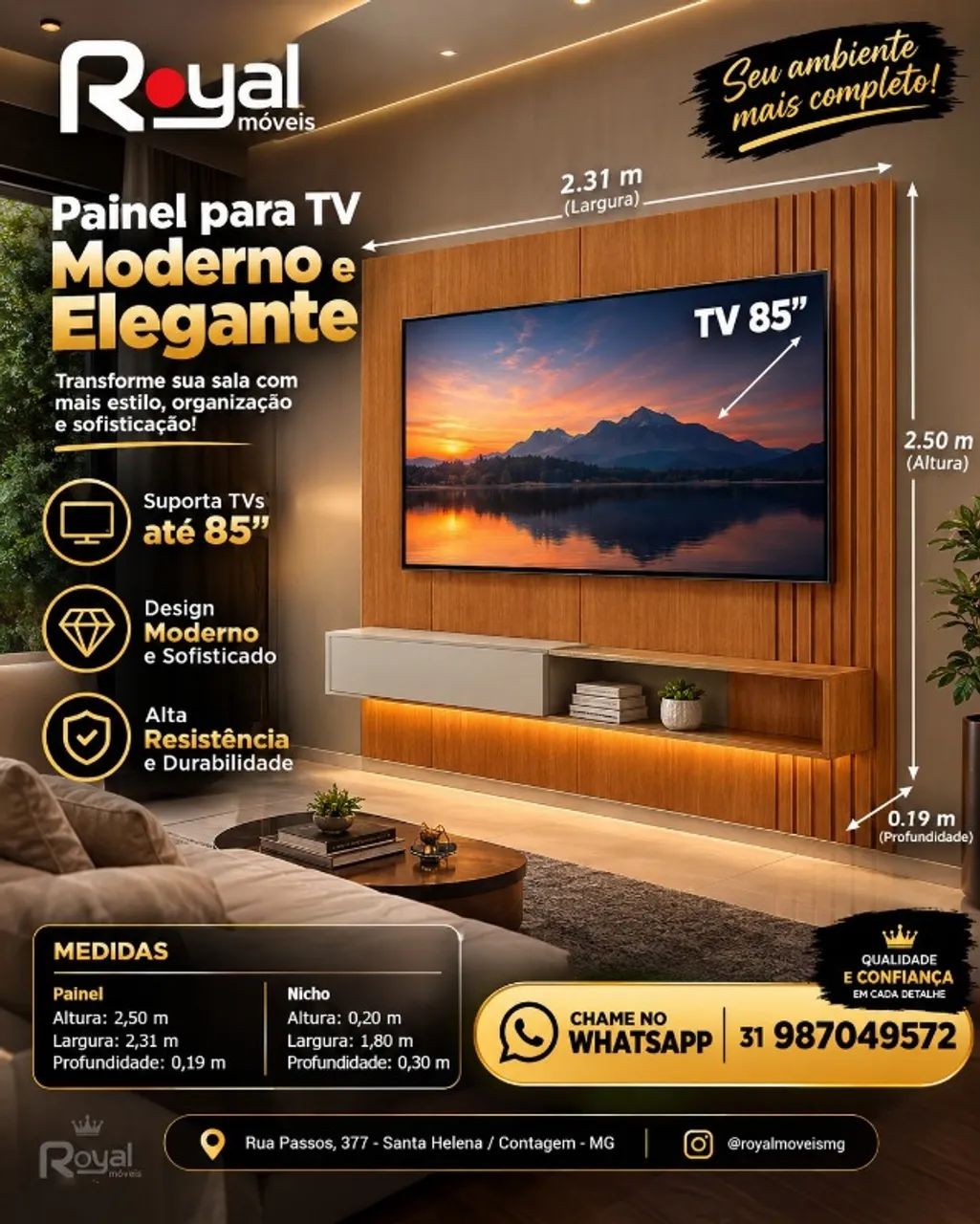 Painel Suspenso P/TVs Até 85Polegadas C/Nicho e LED. Produto Novo Direto de Fábrica.