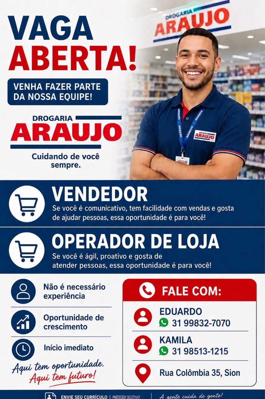 Vagas para operador e vendedor 