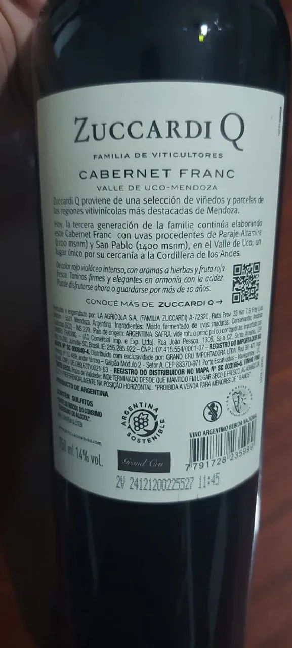 Vinho Tinto Argentino Zuccardi Q Cabernet Franc  - Foto 2