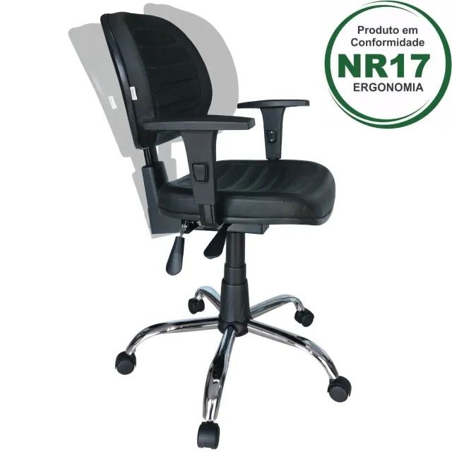 Cadeira Executiva Back System Costurada Aranha Cromada Braços Reguláveis Preta 31011