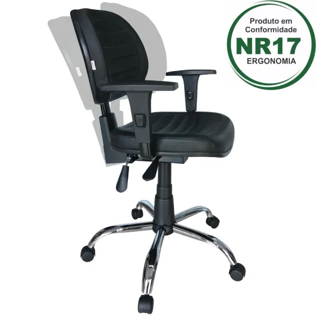 Cadeira Executiva Back System Costurada Aranha Cromada Braços Reguláveis Preta 31011