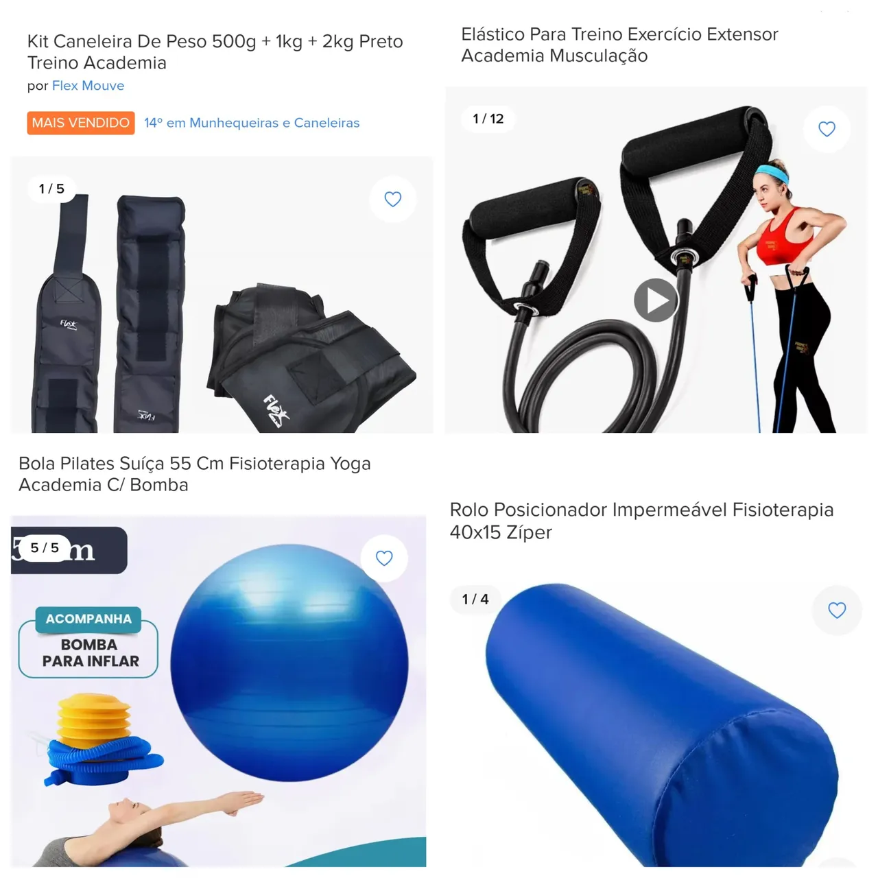 Kit Academia: Caneleiras, Extensor, Bola Pilates e Rolo