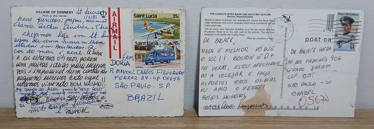 4 Cartões-postais com selos (aviação) e dedicatória 